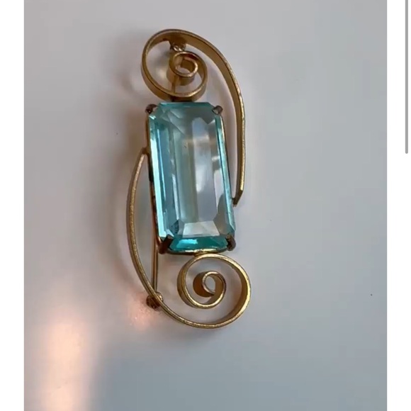 3”x2” Brooch With Blue Emerald Cut Vintage Midcentury Modern faux Aquamarine - Picture 16 of 16